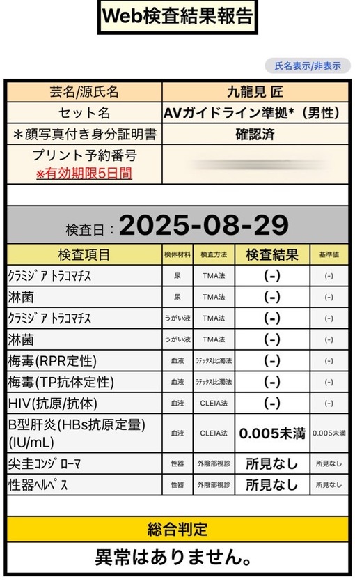 TAKUMI(ﾀｸﾐ) 性病検査結果