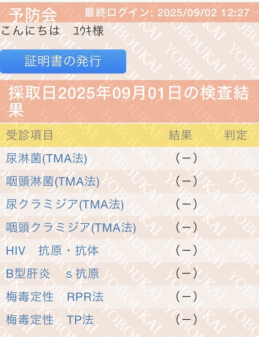 YUKI(ﾕｳｷ) 【ご報告】9月度性病検査結果報告