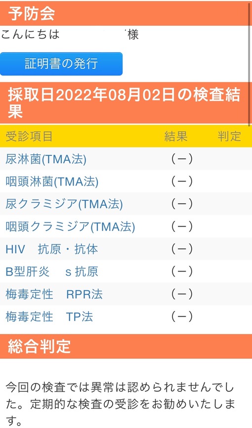 青山翔輝(ｱｵﾔﾏｼｮｳｷ) 性病検査結果