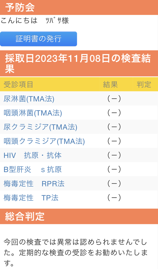 TSUBASA(ﾂﾊﾞｻ) 11月性病検査結果