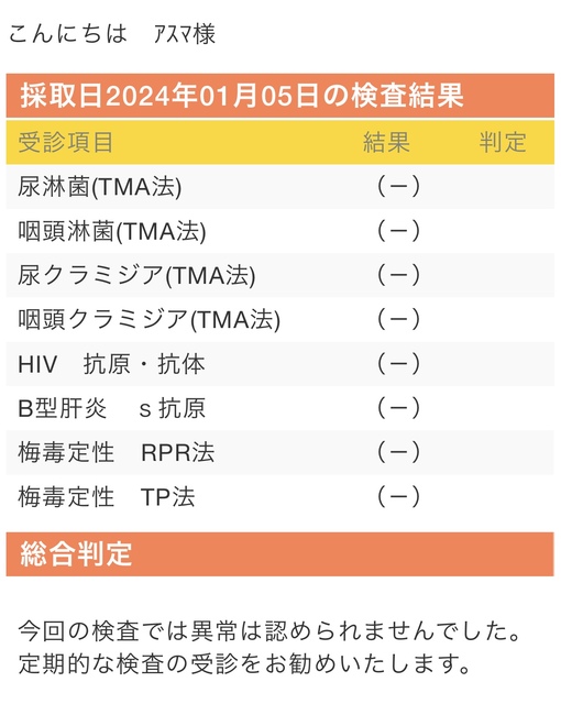 ASUMA(ｱｽﾏ) 性病検査、オールクリアです✨