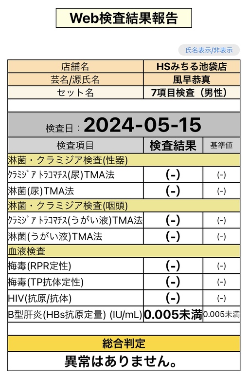 風早恭真(ｶｾﾞﾊﾔｷｮｳﾏ) 性病検査