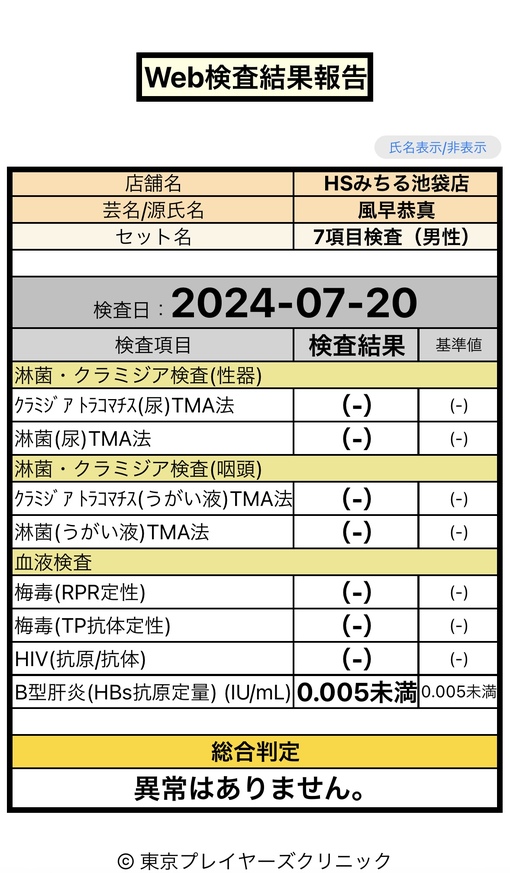風早恭真(ｶｾﾞﾊﾔｷｮｳﾏ) 性病検査