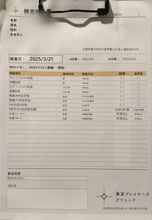 TAKUMI(ﾀｸﾐ) 性病検査結果について💉