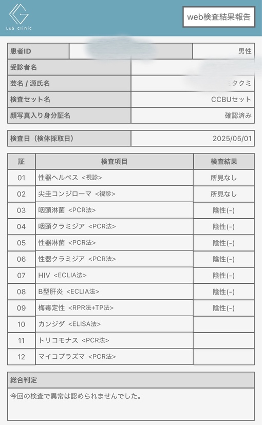 TAKUMI(ﾀｸﾐ) 性病検査結果について