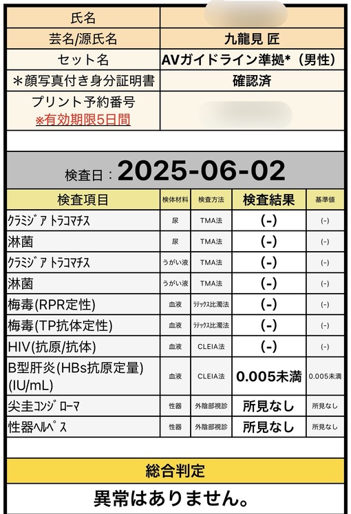 TAKUMI(ﾀｸﾐ) 性病検査結果について