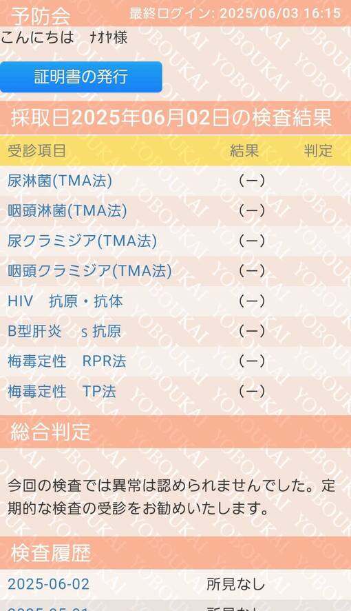 NAOYA(ﾅｵﾔ) 【6月度 性病検査結果💉】
