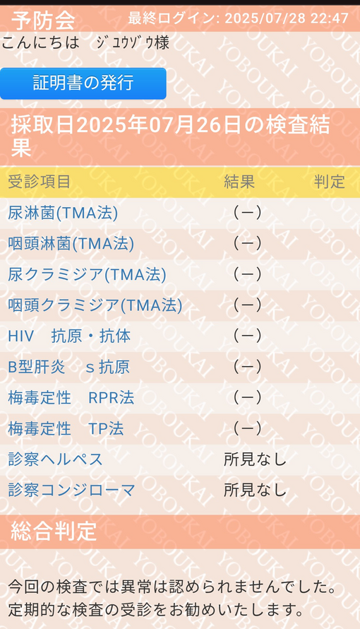 JYUZO(ｼﾞｭｳｿﾞｳ) 8月度定期検査